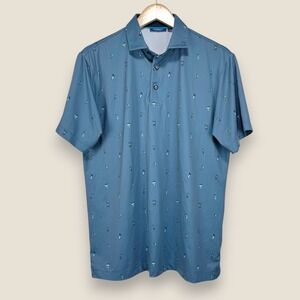 Devereux Performance Polo Shirt Men Small Blue All Over Print Cocktails Drinks